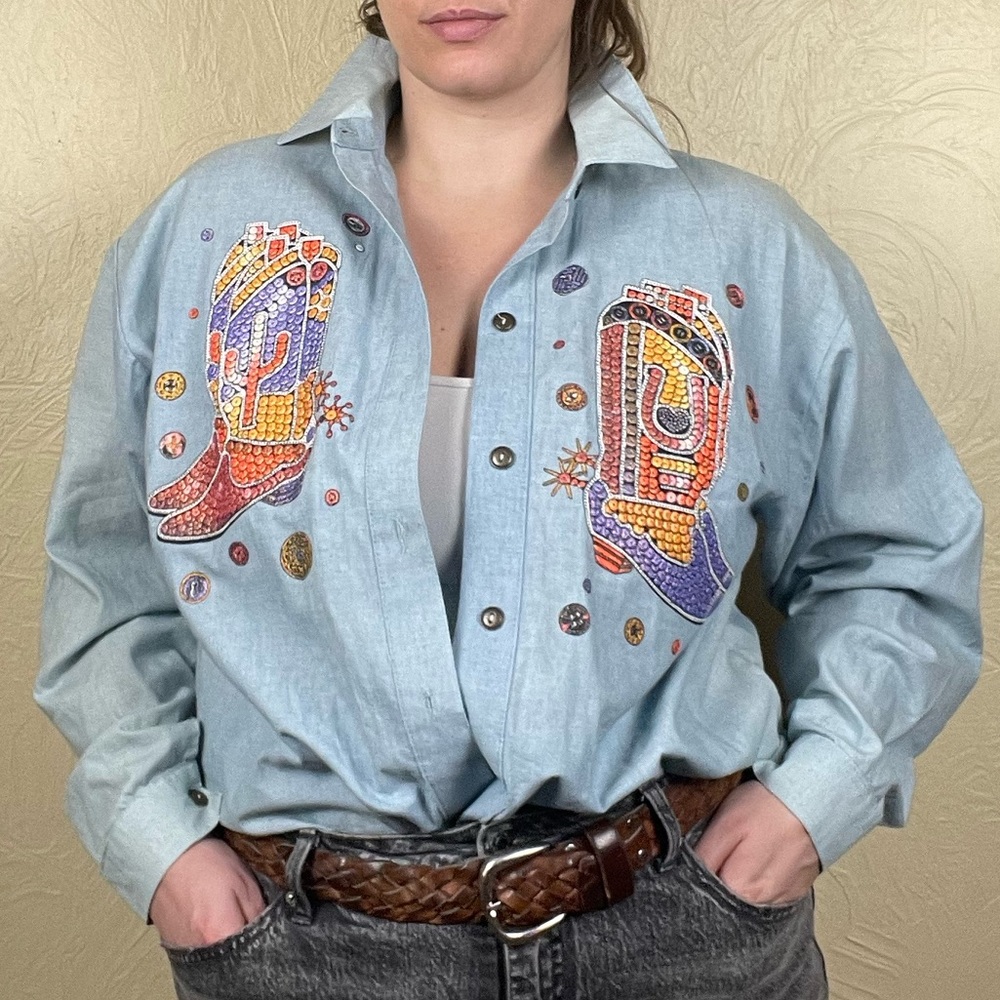 Vtg Moda Nadina Western Southwestern Cowgirl Chambray Button Down Shirt OSFM